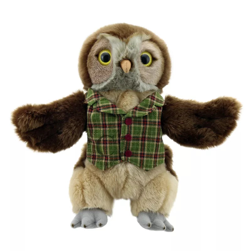 This Animal Puppet Owl is a full bodied hand puppet with smart looking clothes .This owl wears a checkered waistcoat.