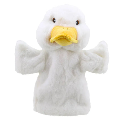 The ECO Puppet Buddies Duck Hand Puppet is a soft, white duck made from recycled materials featuring dark eyes and a yellow beak against a plain white background. Its wings are raised, inviting imaginative and creative play as if it is gesturing or flapping.