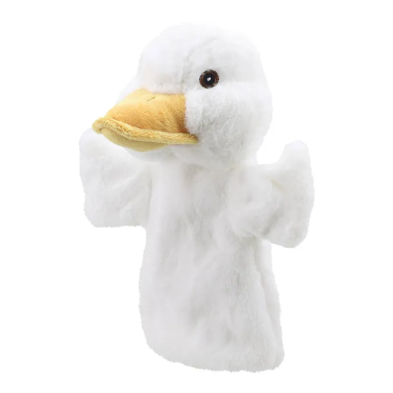 The ECO Puppet Buddies Duck Hand Puppet is a white duck hand puppet with a yellow beak and brown eyes, crafted from recycled materials. The puppet's wings are lifted slightly, giving it a soft and fluffy appearance. Perfect for imaginative and creative play, the image features the duck against a plain white background.