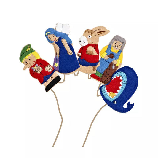 A group of Pinochio finger puppets sitting on top of each other.