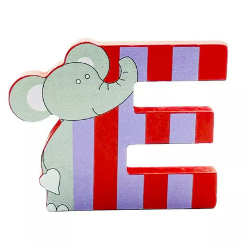 A Wooden Letter Animal - E with an elephant on it.