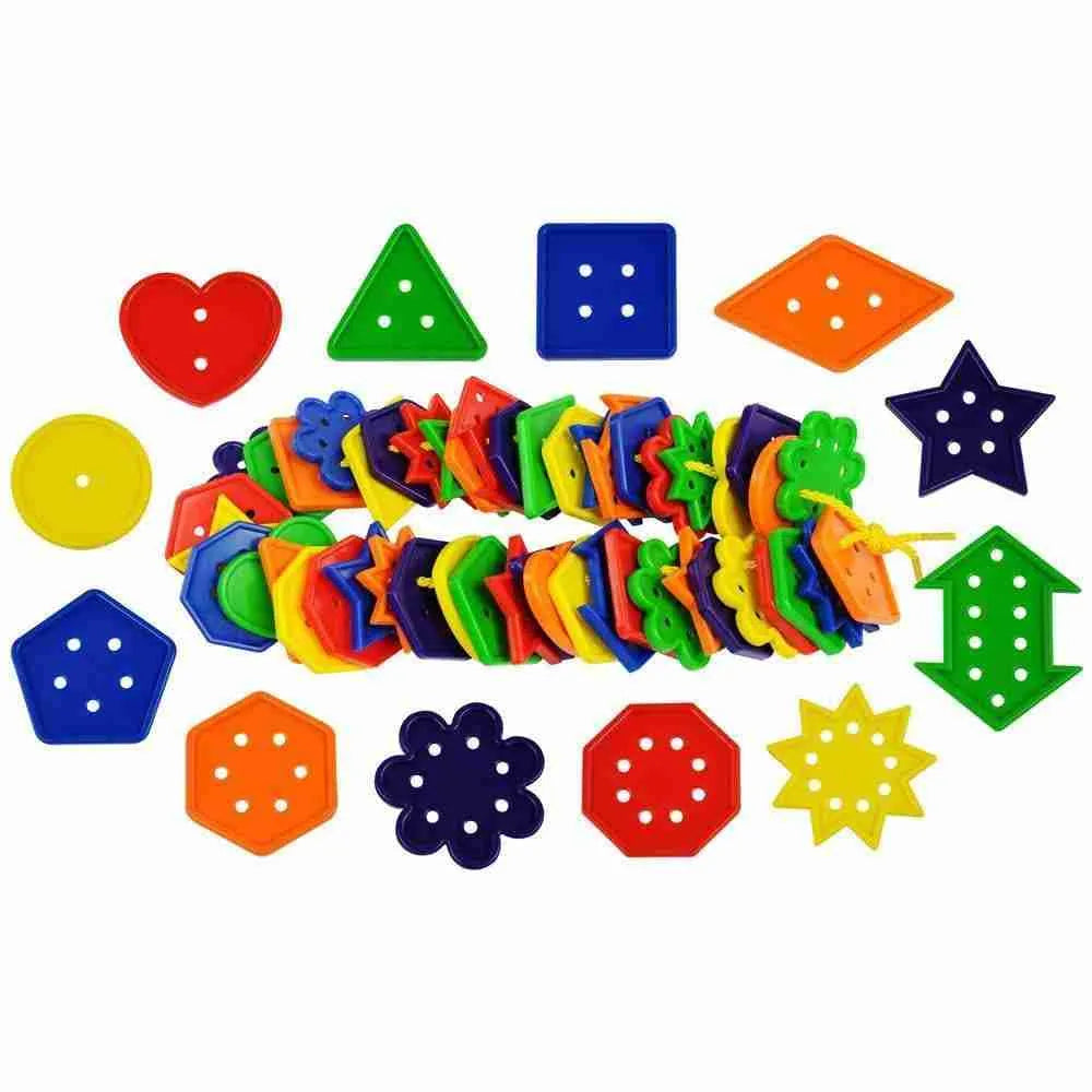 A bunch of Bigjigs 12 Shape Number & Geometry Buttons toys on a white surface.