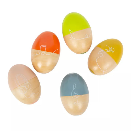 Four different colored Musical Eggs "Groovy Beats" with music notes on them.