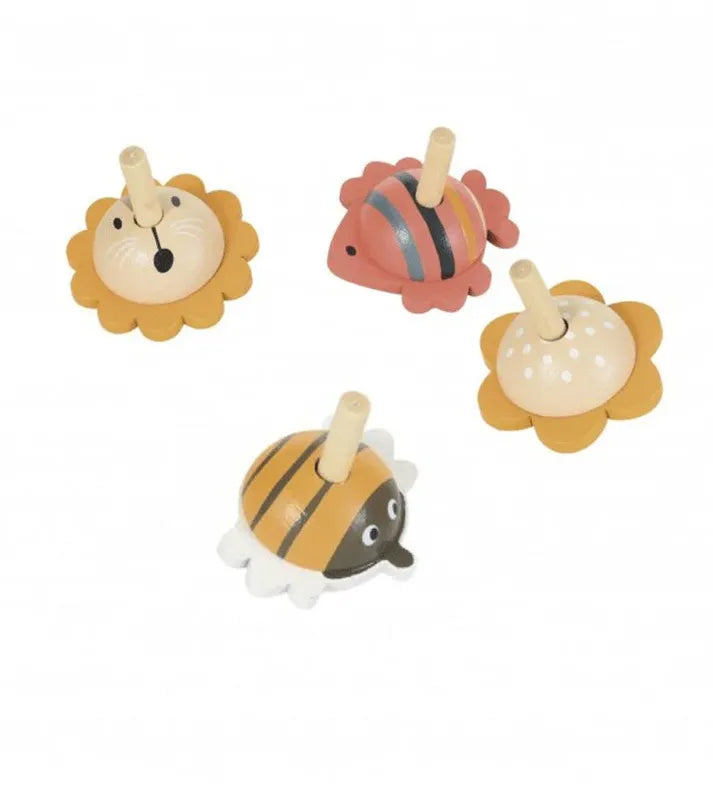 Displayed on a white background are four spinning tops from the Wooden Spinning Tops Nature collection, featuring animal shapes like a lion, bee, and fish, along with a polka-dotted flower. These tops are painted in vibrant colors and equipped with small wooden dowels for spinning, combining playful animal and nature themes to aid in developing fine-motor skills.