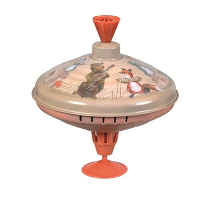 The Large Spinning Top Musicians is a vintage tin toy with an animal band design, featuring a bear on cello and a fox on violin. Its vibrant red-orange handle and base make this delightful sensory toy captivating for all ages.