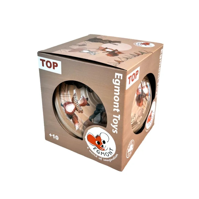 Packaging for the Large Spinning Top Musicians by Egmont Toys features a puzzle ball with a cartoon mouse, brand logo, and "TOP" label, reminiscent of classic tin toys. Suitable for ages 10 and up.