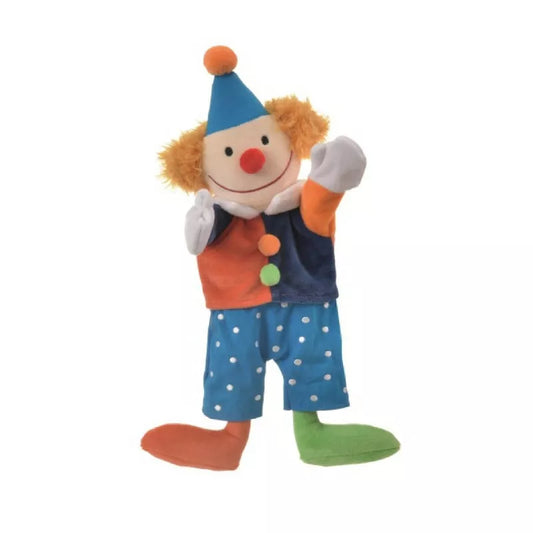 A Hand Puppet Clown with a blue hat and blue pants.