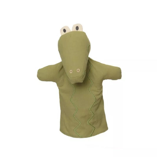 A Hand Puppet Crocodile in a green shirt with eyes.
