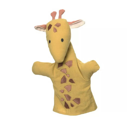 A Hand Puppet Giraffe is wearing a yellow shirt.