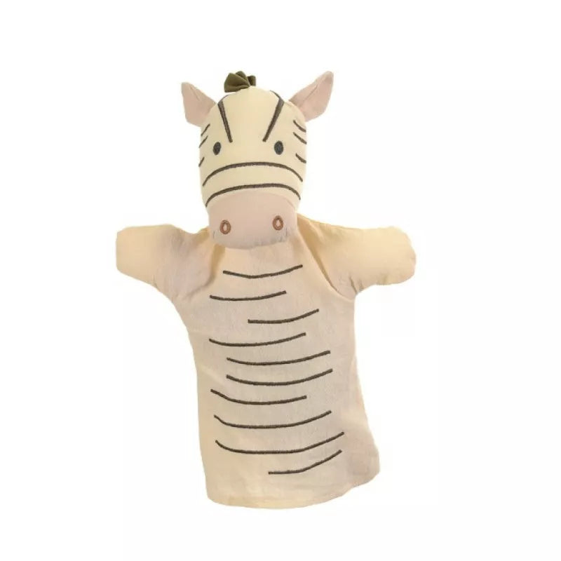 a Hand Puppet Zebra that is wearing a sweater.