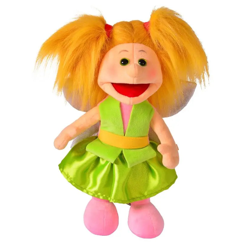 Eileen Fairy Hand Puppet – 35cm features bright orange pigtails, a big smile, black eyes, green dress with yellow belt, pink shoes, and glittery wings, standing upright against a white background.