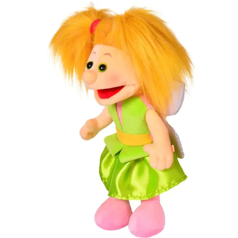 The Eileen Fairy Hand Puppet – 35cm features bright orange hair, big eyes, a wide mouth, white wings, a green dress with yellow accents, and pink shoes—resembling a cheerful fairy character.