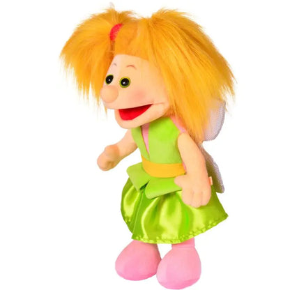 The Eileen Fairy Hand Puppet – 35cm features bright orange hair, big eyes, a wide mouth, white wings, a green dress with yellow accents, and pink shoes—resembling a cheerful fairy character.