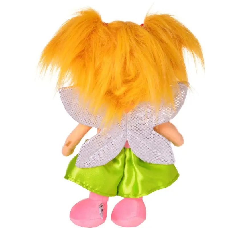 The Eileen Fairy Hand Puppet – 35cm features bright orange pigtails, sparkly silver fairy wings, a green skirt, and pink shoes, shown from the back.