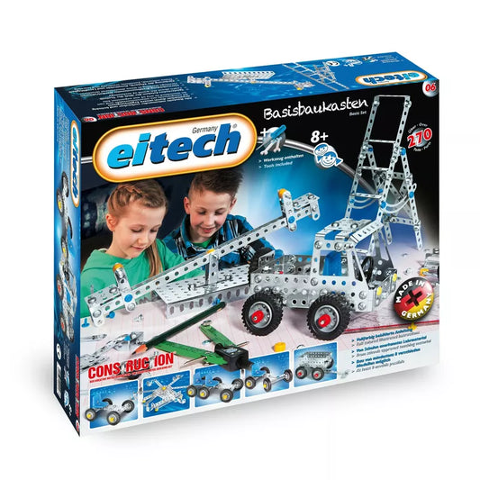 A box with a picture of two children playing with the Eitech Construction Basic Building Box.