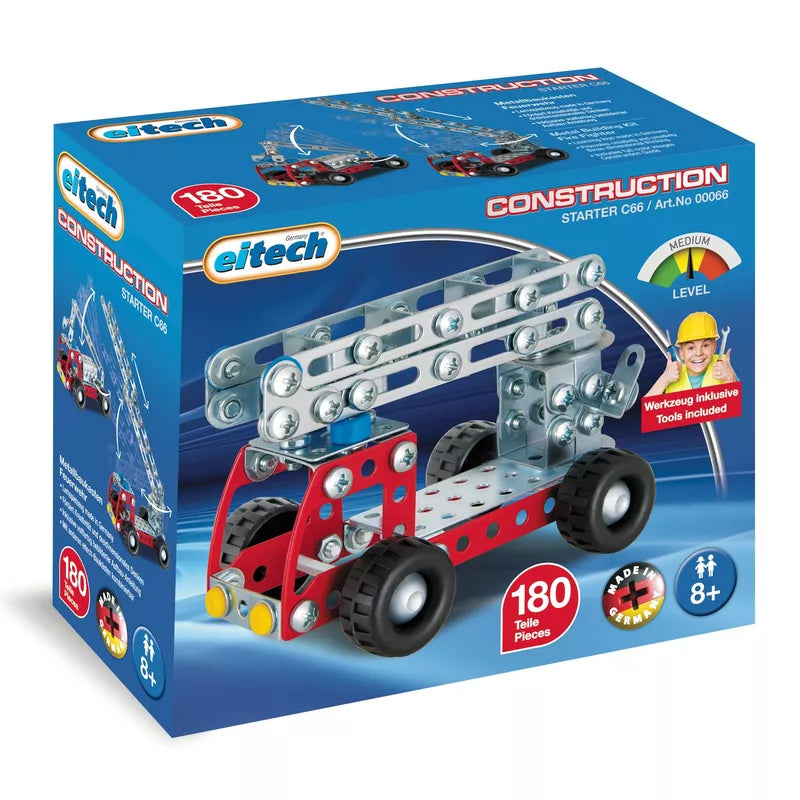 An Eitech Construction Red Firetruck with wheels.