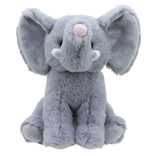 Meet Ella the Elephant ECO Cuddlies, a charming soft toy made from recycled materials. With large ears, gray fur, and a small pink tuft on its trunk, she sits upright against a white background—ideal for eco-friendly cuddles!.