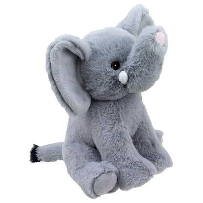 Ella the Elephant ECO Cuddlies is a plush toy made from recycled materials, featuring large ears, a slightly raised trunk, a soft texture, and sewn details for an eco-friendly and charmingly playful design.