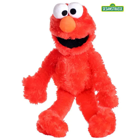 The Living Puppets Elmo 45cm Hand Puppet features the red, furry Sesame Street character with large white eyes, an orange nose, and a big smile. The "Sesamstrasse" logo is displayed in the top right corner.