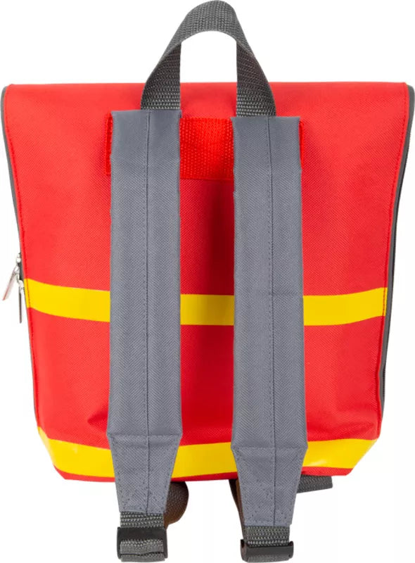 An Emergency Doctor's Backpack with red and yellow color scheme and grey straps.