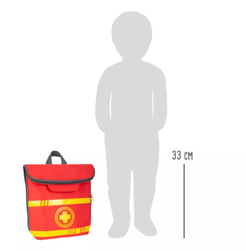 An Emergency Doctor's Backpack with a yellow stripe and a silhouette of a man.