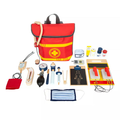 An Emergency Doctor's Backpack with red and yellow medical supplies.