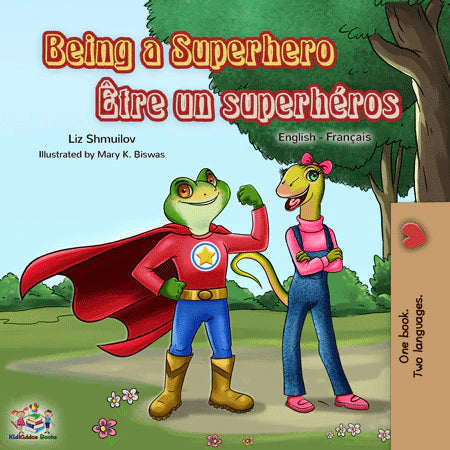 A cartoon picture of a man and a frog from the Kidkiddos' Being a Superhero English French Children's Book.