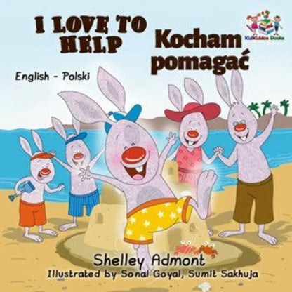 A picture of a group of rabbits on the beach with an I Love to Help English/Polish Children's Book by Kidkiddos.