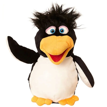 The Erwin the Penguin Hand Puppet – 33cm features wide blue eyes, a large yellow beak, orange feet, and spiky black hair, with one flipper raised in a waving gesture against a white background.