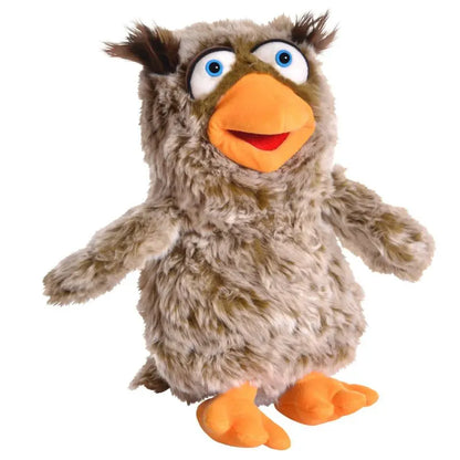 Eulalie the Owl Hand Puppet – 33cm: A plush owl puppet with shaggy brown fur, large blue eyes, orange beak and feet, plus small tufts of brown feathers on its head.