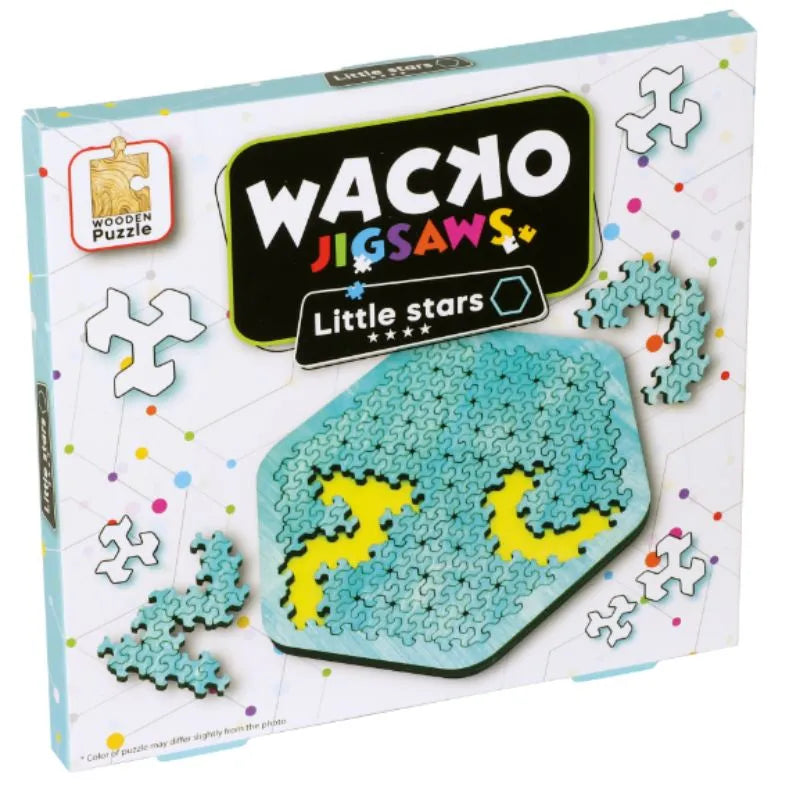 The image depicts a Eureka! Wacko Jigsaws "Little Stars" puzzle box. This vibrant wooden puzzle, suitable for ages 8 and up, features light blue star-like pieces with a geometric border design. The box showcases a partially completed interlocking pattern.