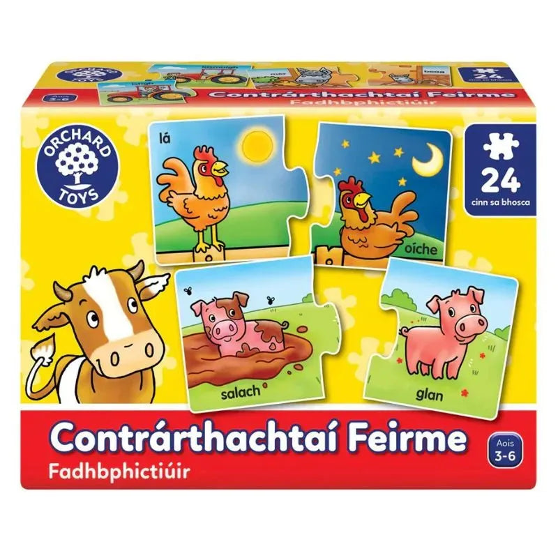 Introducing the Orchard Toys Farm Opposites (Irish Language Version), a vibrant puzzle box designed for children. It features farm-themed illustrations, including scenes of a chicken during the day and night, as well as a cow and pigs in both clean and muddy settings. This 24-piece puzzle is perfect for kids aged 3-6, with all text displayed in Irish.