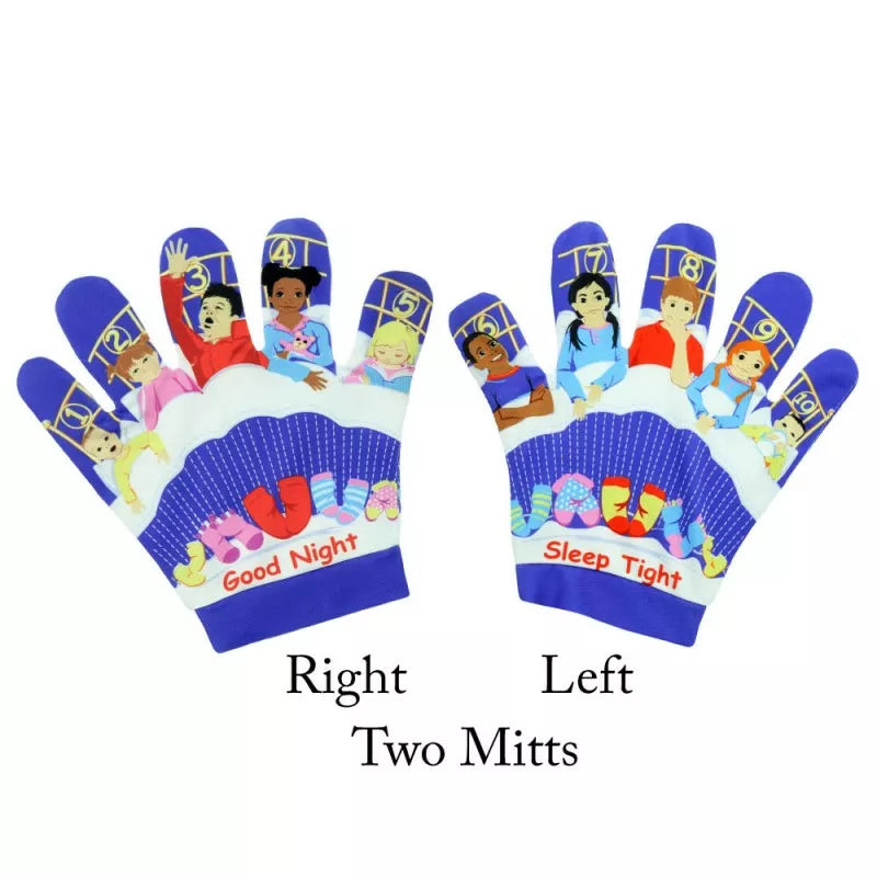 a pair of The Puppet Company Song Mitt Ten in a Bed with the words right left two mitts.