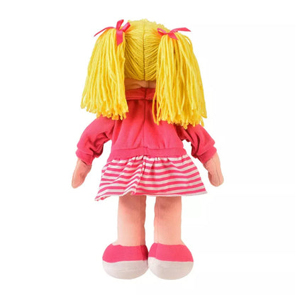 a Fiesta Crafts Girl Mouth Moving Hand Puppet with yellow hair wearing a pink dress.