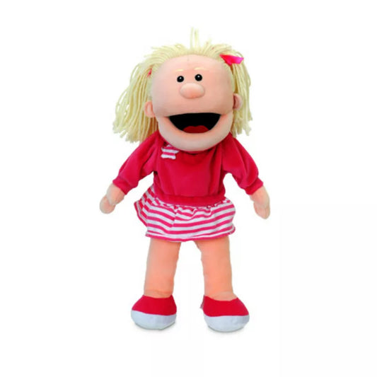 a Fiesta Crafts Girl Mouth Moving Hand Puppet with blonde hair and a red shirt.