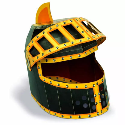A Fiesta Crafts 3D Mask Knight Helmet adorned with yellow and black accents, perfect for arts & crafts enthusiasts and dressing up.