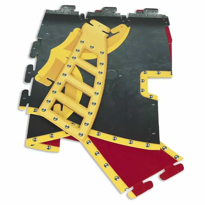 A set of yellow and red Fiesta Crafts 3D Mask Knight Helmet play mats used for arts & crafts activities on a white surface.