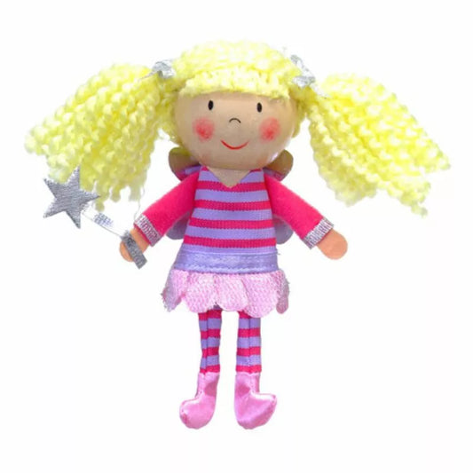 a Fiesta Crafts Fairy Finger Puppet with blonde hair and a pink dress.