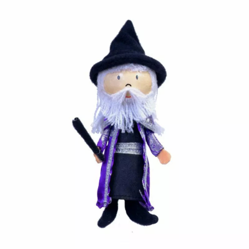 A Fiesta Crafts Wizard Finger Puppet with a wand and hat.
