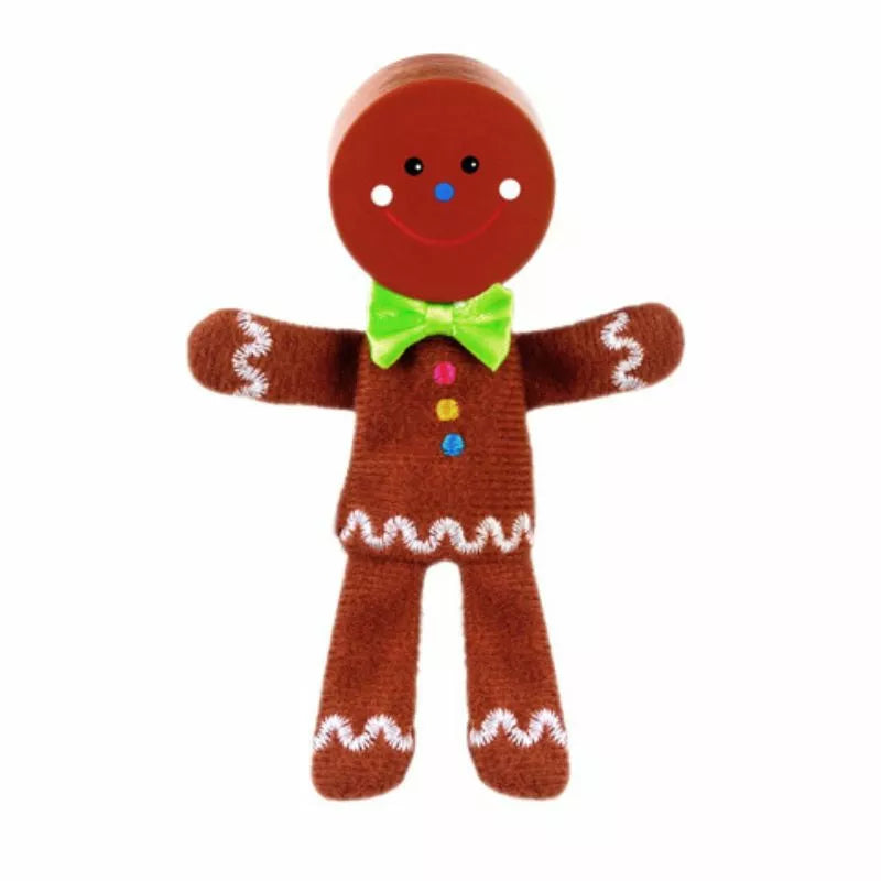 A brown knitted Fiesta Crafts Gingerbread Man Finger Puppet with a green bow tie.