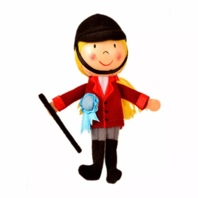 a Fiesta Crafts Horse Rider Finger Puppet with a red coat and a blue ribbon.