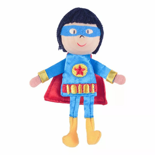 A Fiesta Crafts Boy hero Finger Puppet with a blue cape and yellow boots.