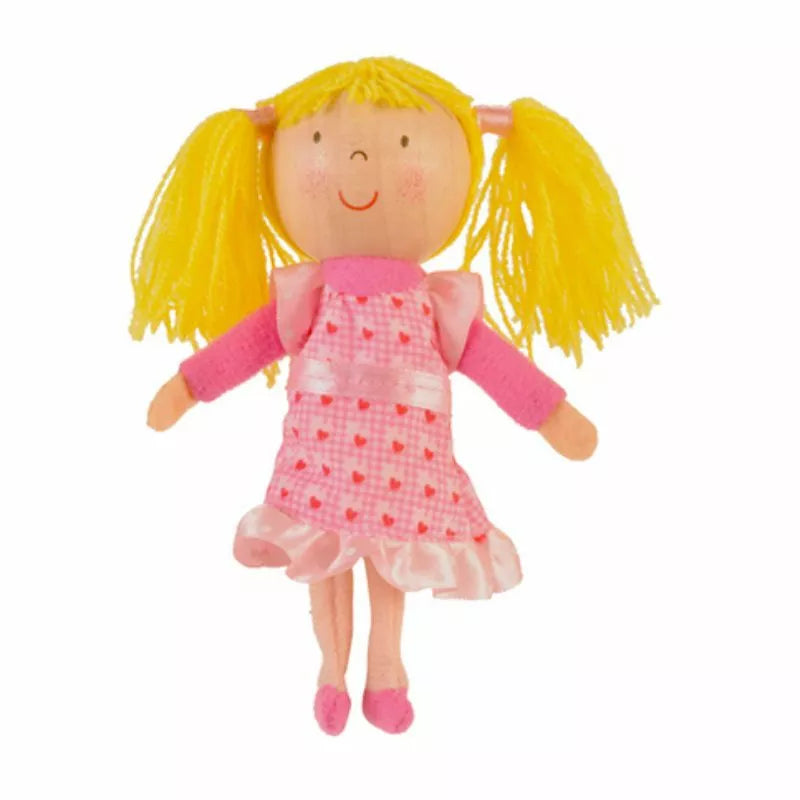 A Fiesta Crafts Goldilocks Finger Puppet with blonde hair wearing a pink dress.