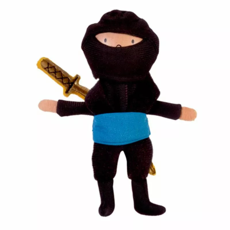 A Fiesta Crafts Blue Ninja Finger Puppet with a sword in its hand.