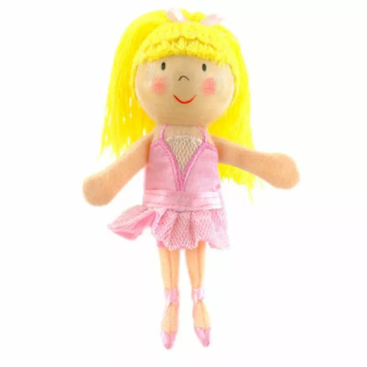 A Fiesta Crafts Ballerina Finger Puppet with long blonde hair and detailed designs.