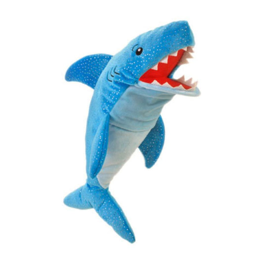 A Fiesta Crafts Shark Hand Puppet with its mouth open on a white background.