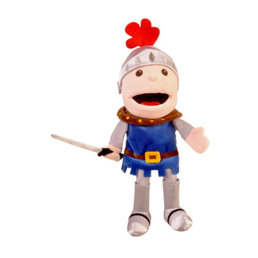 A Fiesta Crafts Knight Hand Puppet with a sword in its hand.