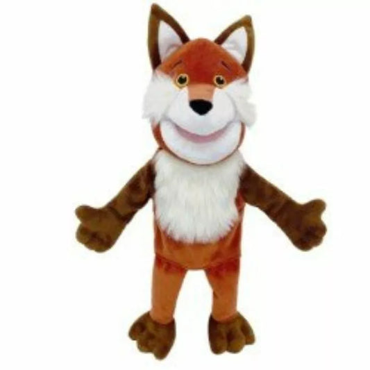 A Fiesta Crafts Fox Hand Puppet, resembling a puppet, is standing on a white background, showcasing excellent communication skills.