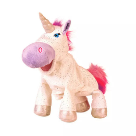 a pink and white Fiesta Crafts Unicorn Hand Puppet with a pink mane.