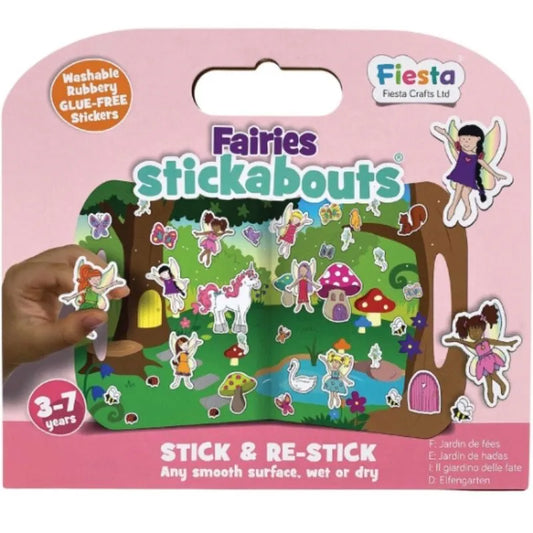 A pack of "Fiesta Crafts Stickabouts Fairies" includes reusable, fairy-themed stickers ideal for kids aged 3-7. These vivid stickers showcase fairies, ponies, and a whimsical garden on a portable fairyland background.